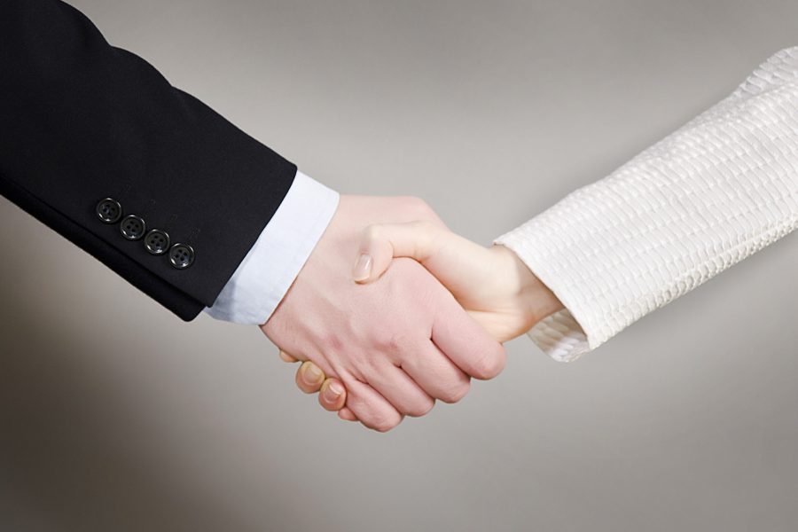 Handshaking business man and woman